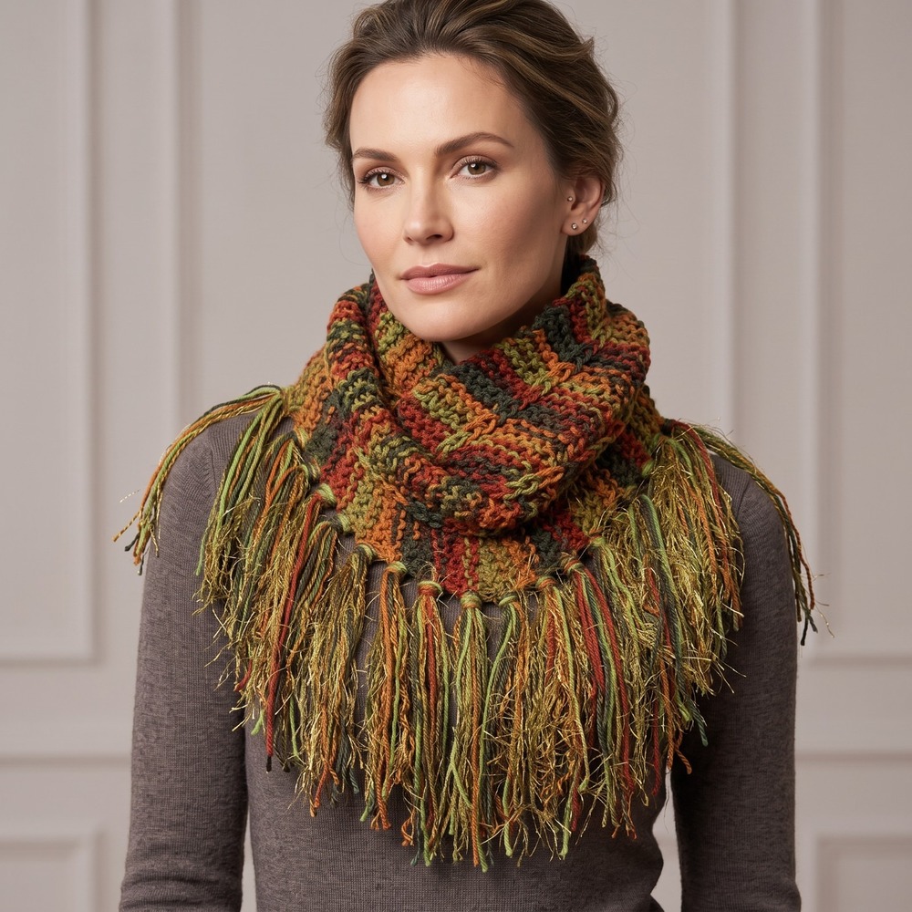 NEW Hand Knitted Boho Cowl Scarf Fringe Green Orange Cottage Indie Art Autumn